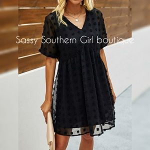 ⭐🆕 Boho black swiss dot babydoll dress
